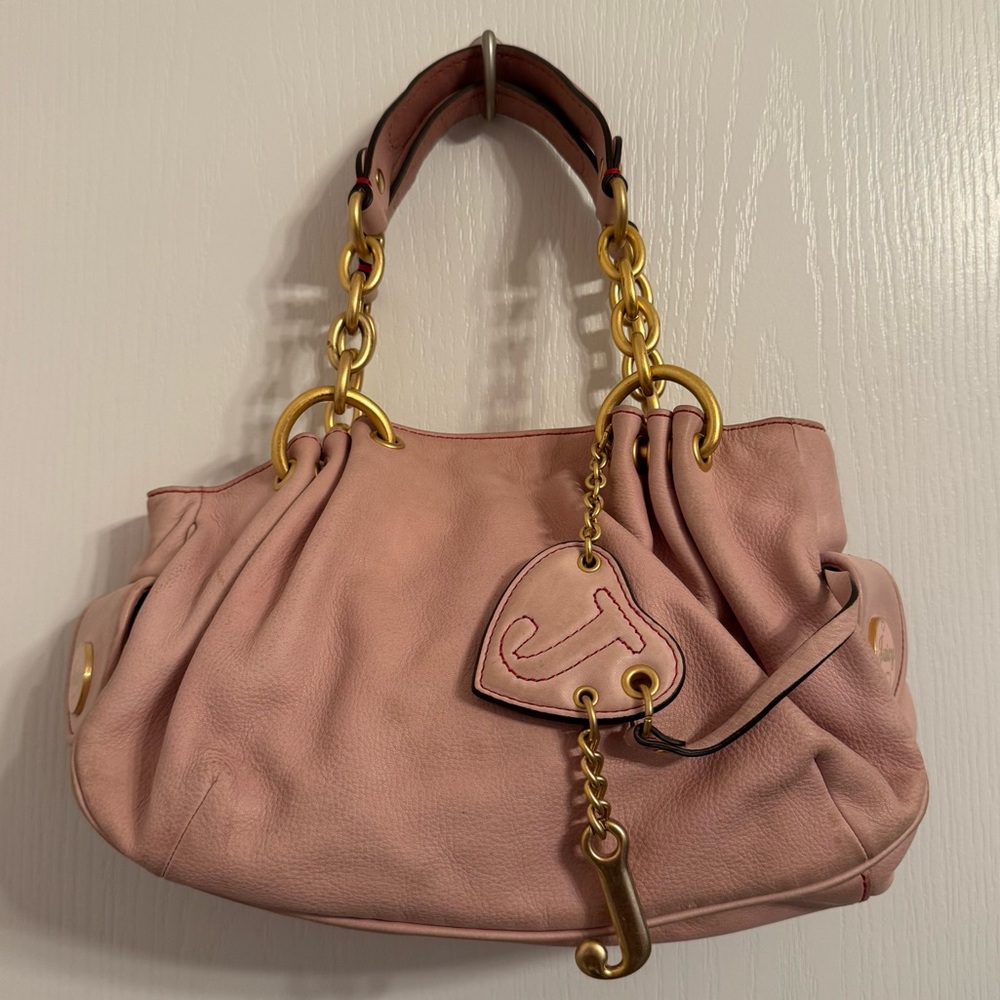 Vintage Y2K Juicy Couture Soft Pink Leather Shoulder Bag Gold Tone Chain Strap